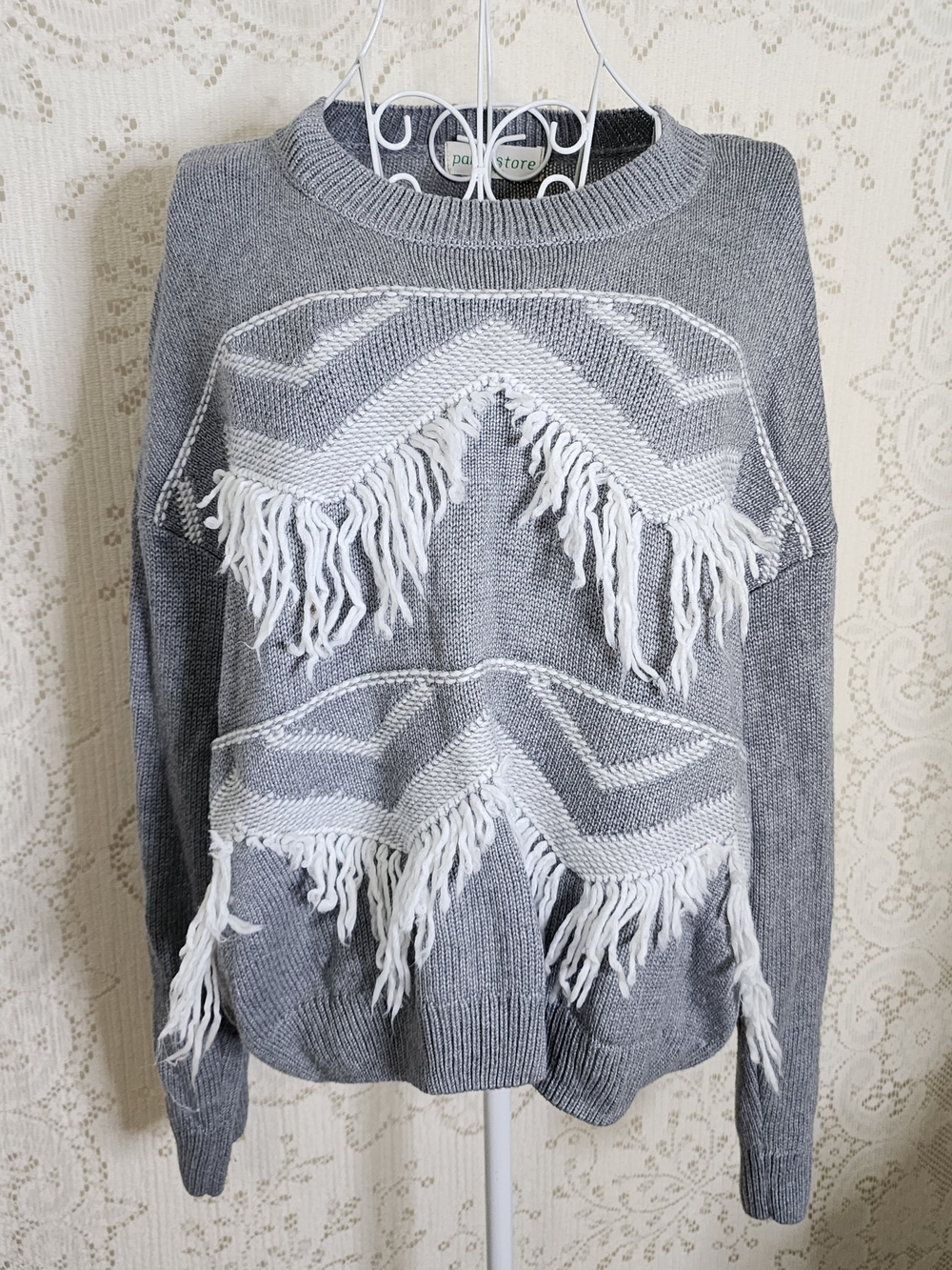 Gray Fringe Chevron Knit Sweater - Unbranded